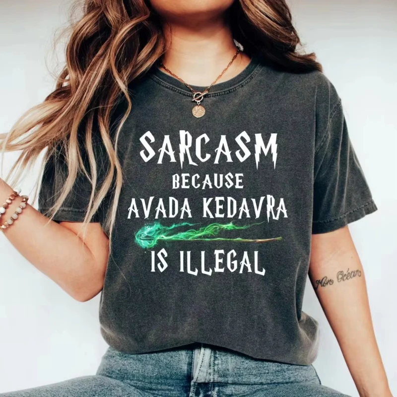 2026 Retro Magic Wand Shirt Sarcasm Because Avada Kedavra Is Illegal Shirt Washed Tee Cotton Shirt Women Y2K Tops Girl Clothing