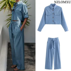 2024 Autumn New Product Women's Fashion Casual Collar Bag Cover Decoration Short Shirt with Belt Wide Leg Pants Set