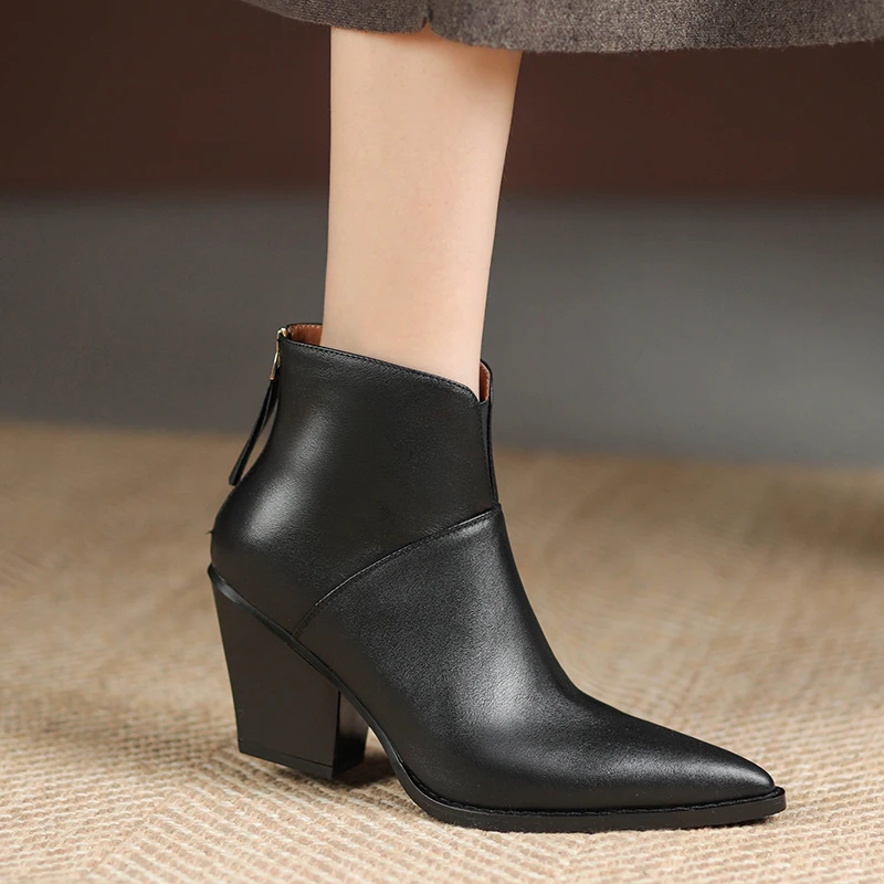 Women Ankle Boots Genuine Leather Autumn Winter Short Boots Thick Heels Pointed Toe Zipper Shoes Woman Mature Basic Office Lady