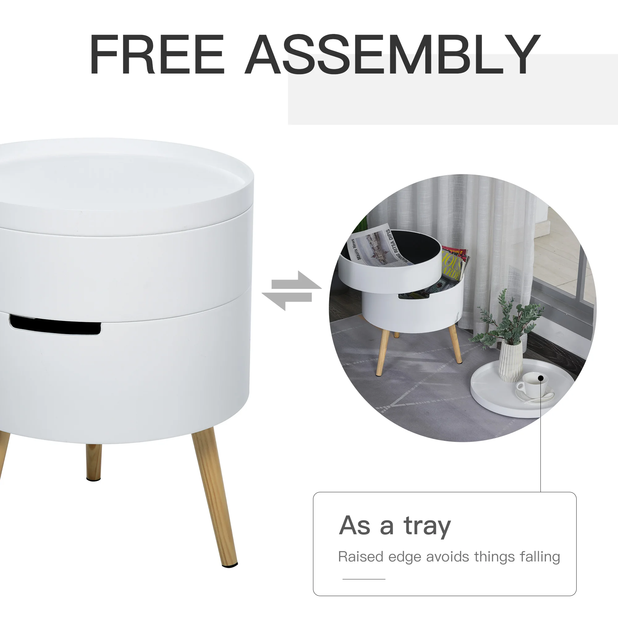 HOMCOM Side Coffee Table End Desk Night Stand Storage w/ Detachable Tray, White
