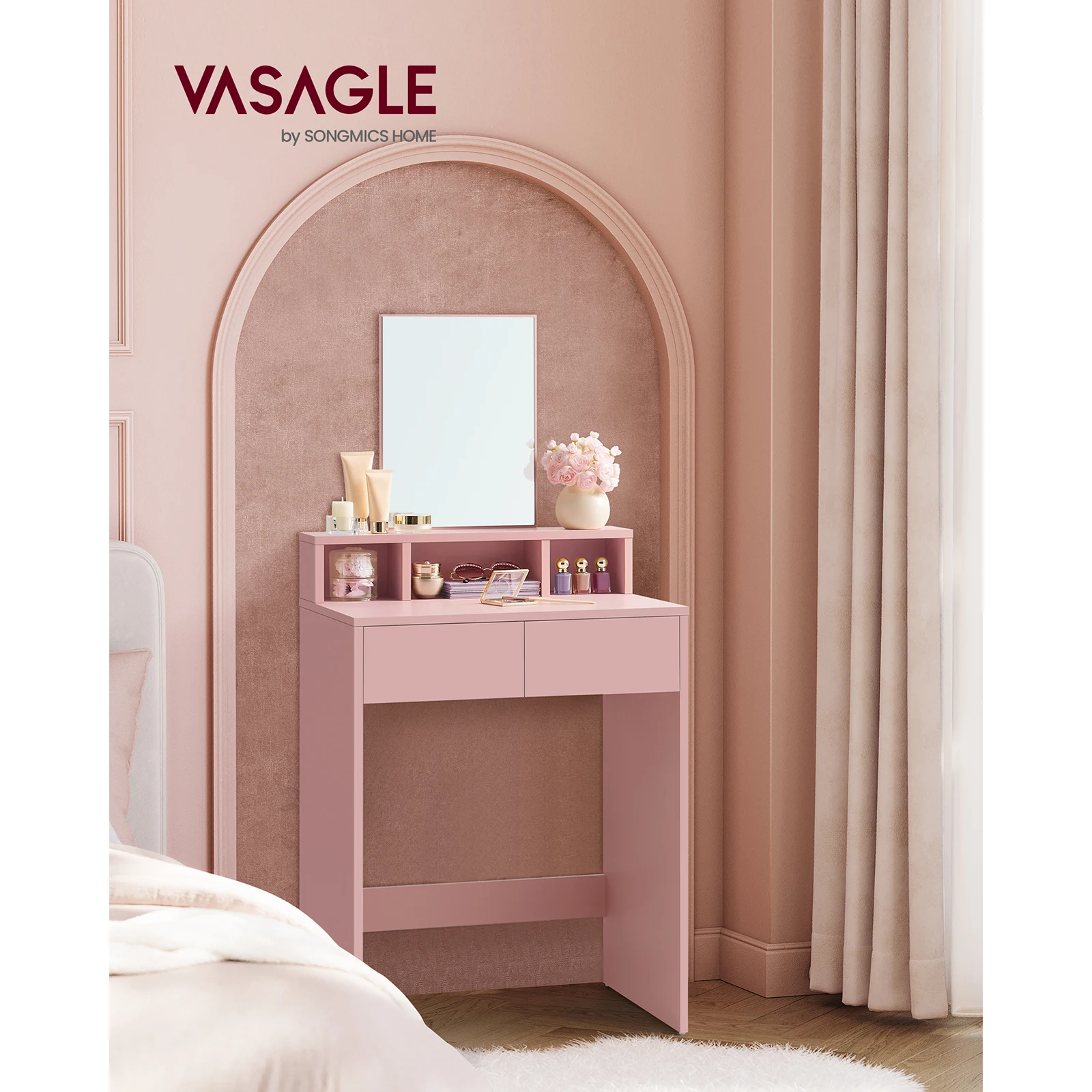 VASAGLE Modern Vanity Table with Large Mirror, 2 Drawers, 3 Compartments, Makeup Desk, Jelly Pink