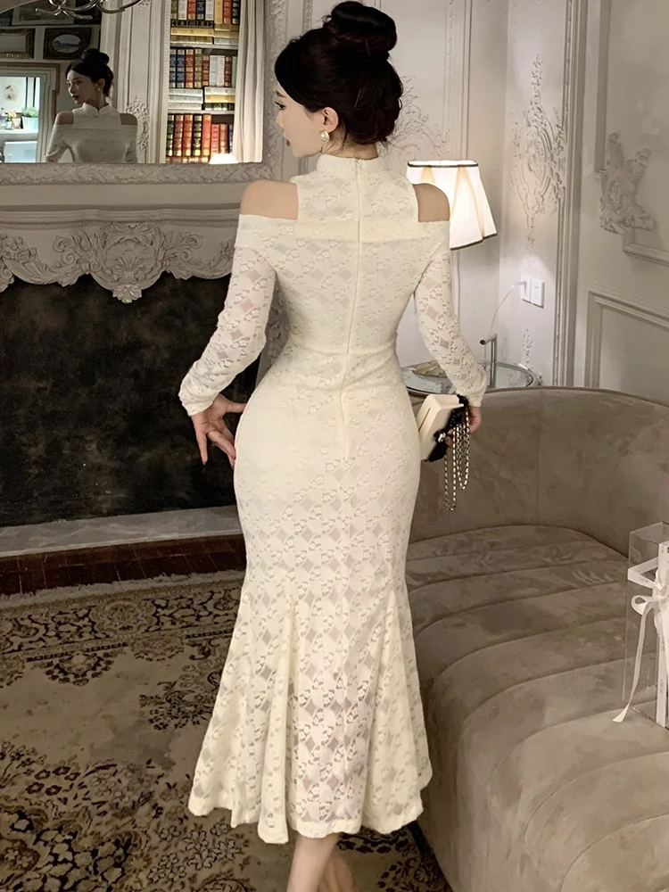 Herfst Winter Wit Kant Jacquard Chic Off Schouder Sexy Jurk Vrouwen Elegante Bodycon Luxe Jurk 2025, Koreaanse Vintage Prom Dress