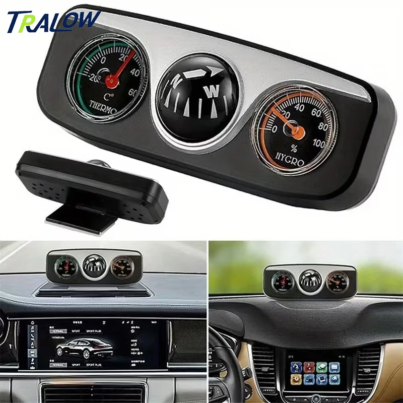 بوصلة TRALOW 3 في 1، تصميم زينة لوحة قيادة السيارة ومقياس الحرارة والرطوبة، سهلة القراءة، ملحقات داخلية خفيفة الوزن للسيارة