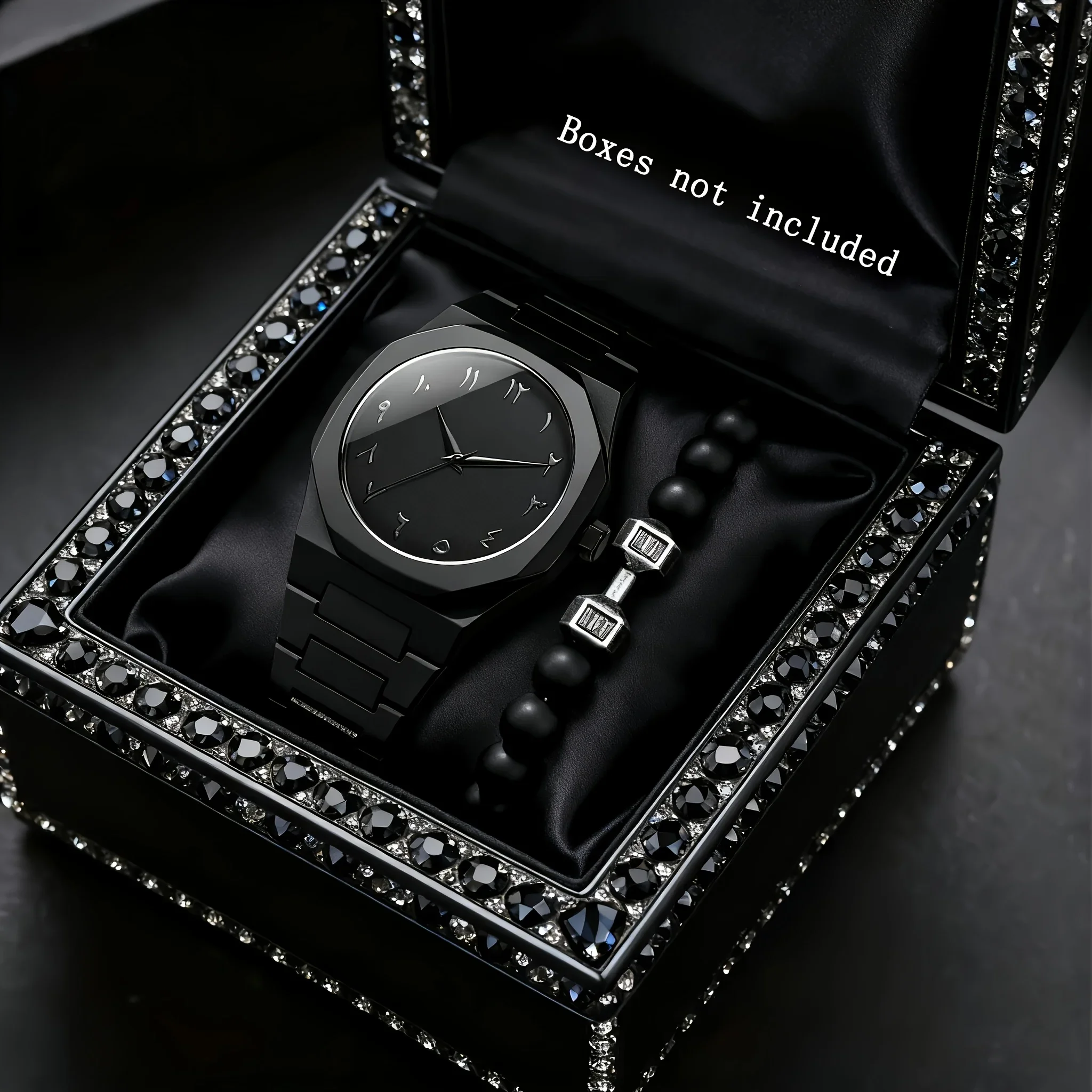 

2 Pieces Fashion Men's Casual Business Watches Plastic Band Male Quartz Watch-Bracelet Beads Set Men's Watch (Without Box)