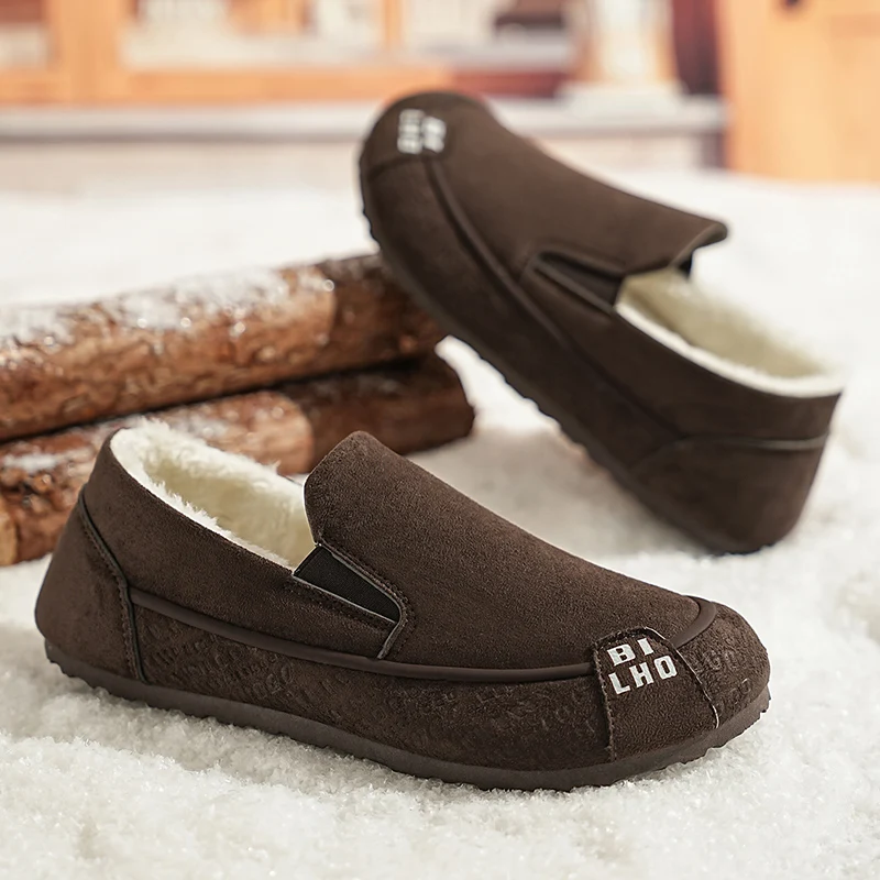 Men's Cotton Slip-On Shoes Winter Warm Fleece Lined Large Size 45 Fashionable Trendy Bean Bean Loafers Home Comfort Shoes