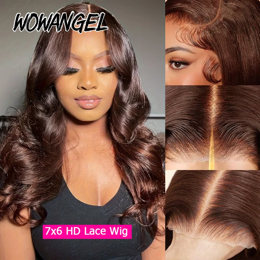 WOWANGEL Chocolate Brown Body Wave Wig 100% Human Hair Wig 7x6 HD Lace Glueless Wig With Drawstring Bleached Knots Pre Plucked