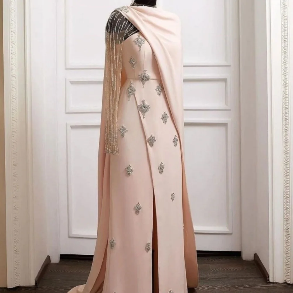 

Customized Simple Jersey Pleat Sequined A-line O-Neck Long Bespoke Occasion Prom Dresses Elegant High Quality