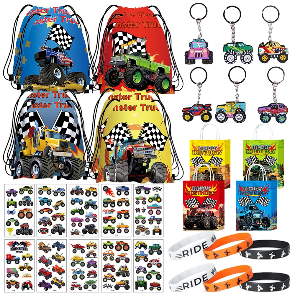 Bolsa de regalo para fiesta de Monster Truck, mochilas con cordón, bolsa de regalo con tema de carreras, pegatina de tatuaje, decoración de cumpleaños para niño Monster Truck