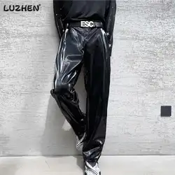 LUZHEN Trendy Elegant Men's Glossy Leather Straight Casual Pants High Quality Street Pu Stretch Trousers 2025 Stylish New 5fe326