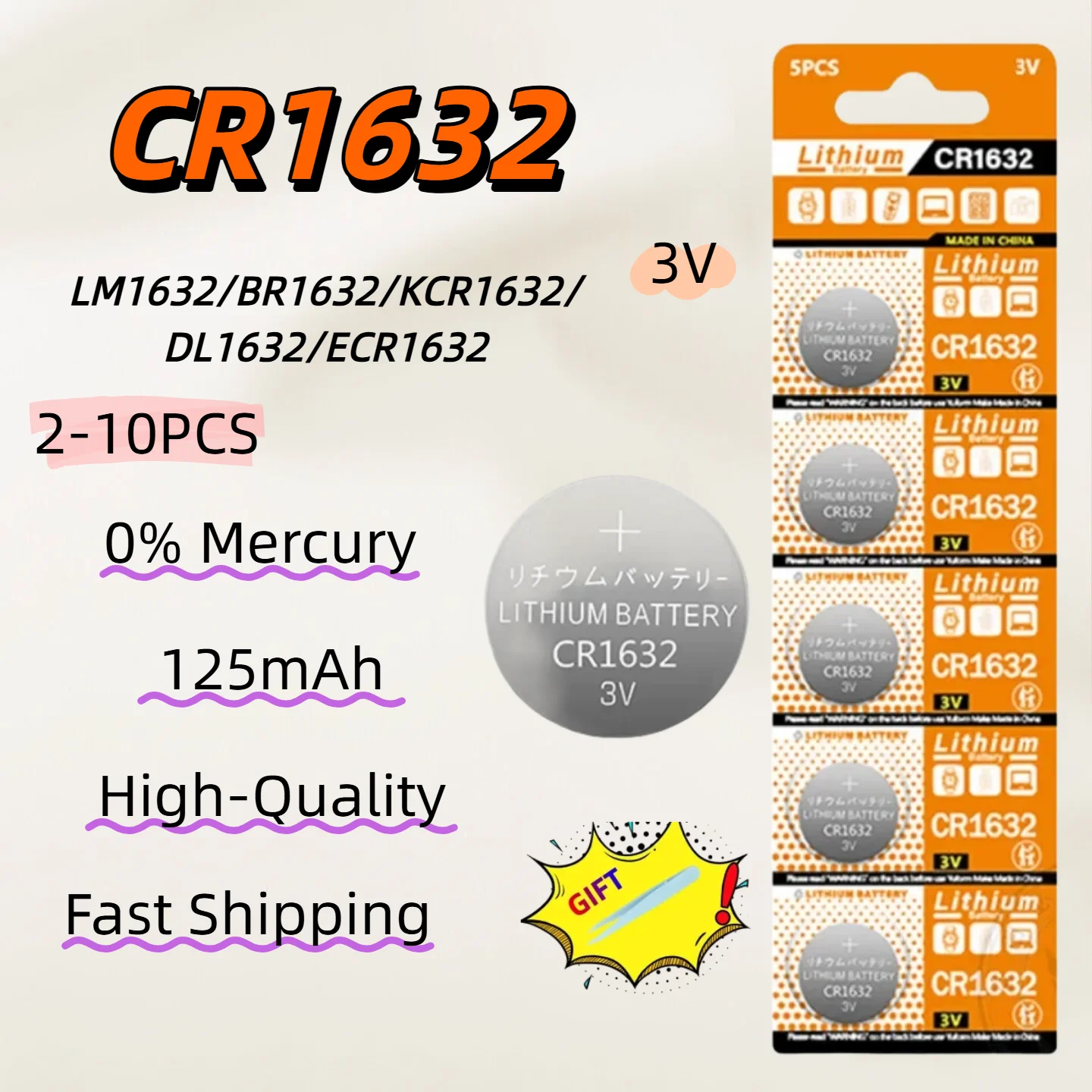 

2-10PCS CR1632 3V Lithium Coin Battery DL1632 BR1632 KCR1632 ECR1632 Button Cell For Car Remote Control Watch Toy LED Light