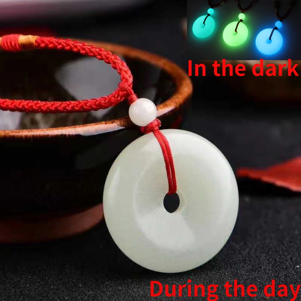 30mm Round Donut Luminous Stone Pendant Lucky Coin Amulet Protection Charm Adjustable Rope Necklace Glow In The Dark Jewelry