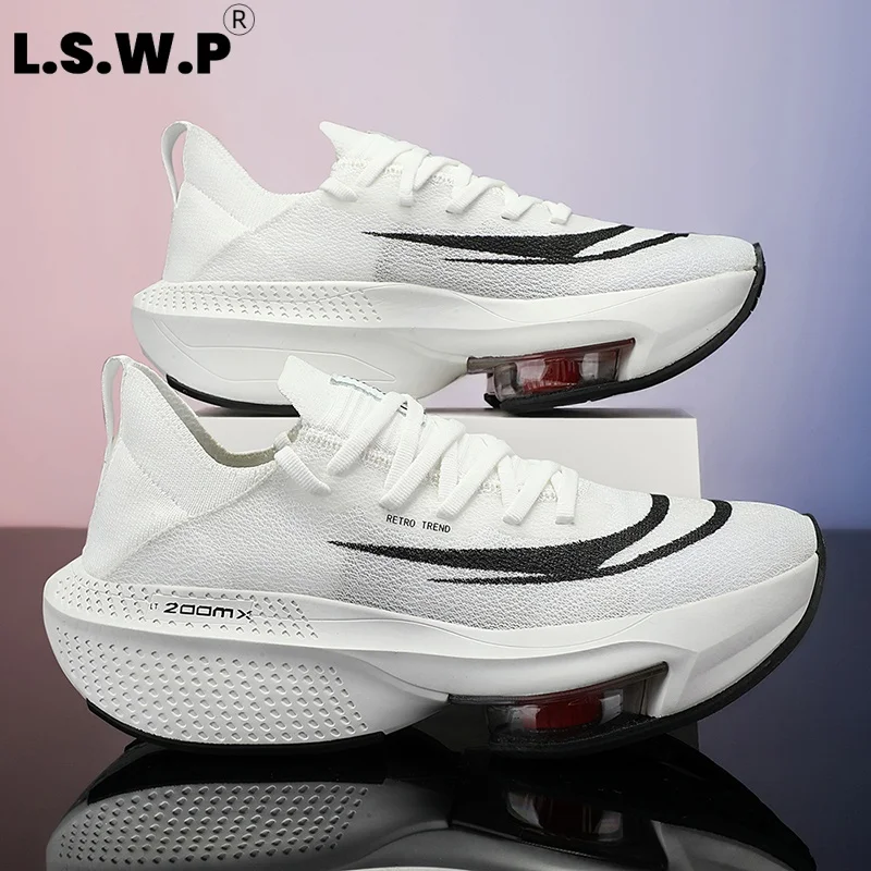 Men's Running Shoes, Tennis Shoes, Professional Marathon Carbon Plate Running Shoes, Transparent Large Air Cushion, High-Elastic Shock Absorption, Fly-Knit Mesh Breathable Lightweight Shoes, Student Physical Exam Speed Racing Outdoor Jogging Fitness Sports Shoes