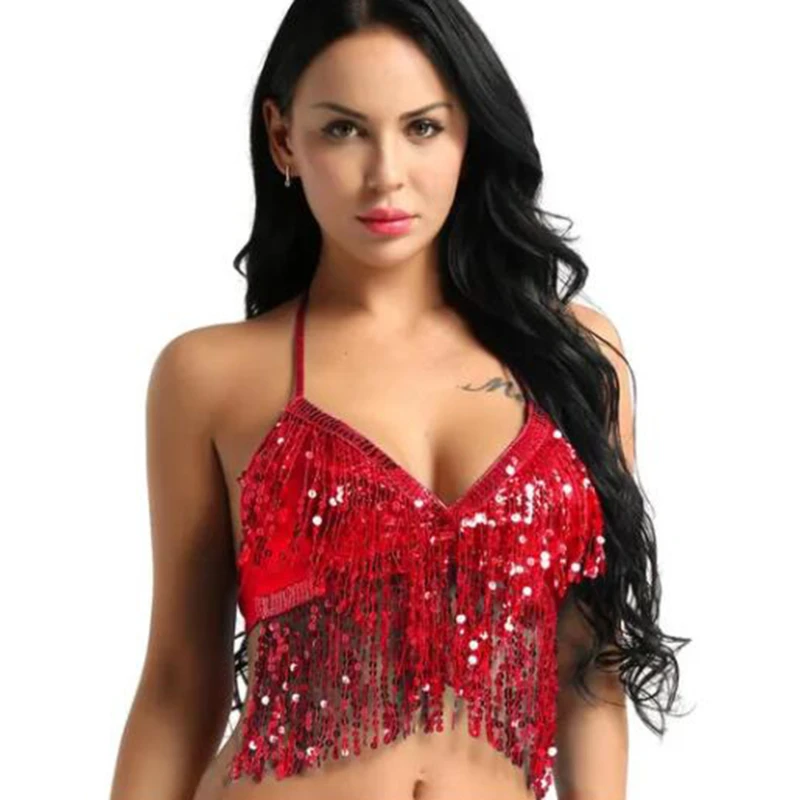 Shiny Sequins Belly Dance Costume Nightclub Halter Bra Sequin Performance Outfits Club Party Festival Rave Dance Sexy Crop Tops