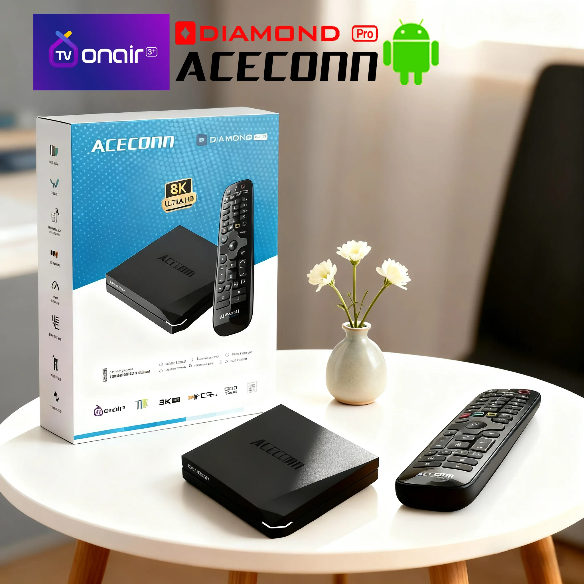 

ACECONN Diamond-Pro TV Box IPTV 2GB+32GB Dual band WiFi 6 Bluetooth Voice Remote Control Backlight Button HD 4K