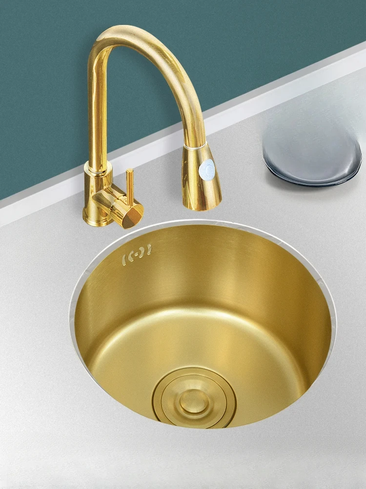 Nano gold stainless steel kitchen sink, bar counter, mini small circular sink, 304 island counter, single slot