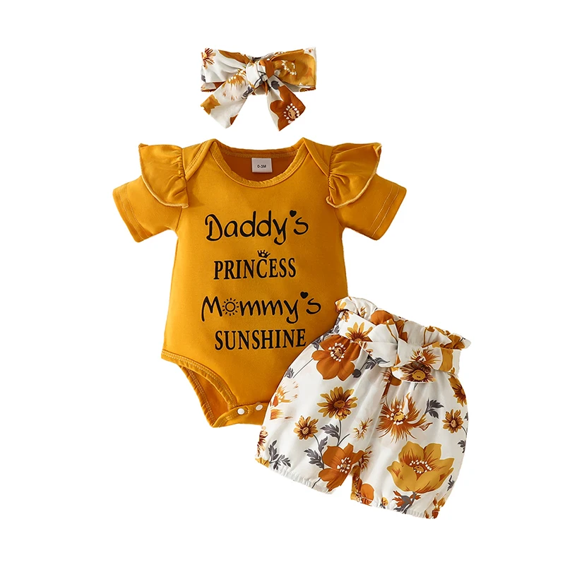 

2024 Summer Newborn Baby Girl Clothes 3PCS Set Short Sleeve Letter Printing Bodysuit Floral Shorts Hairband Baby Outfits 0-18M