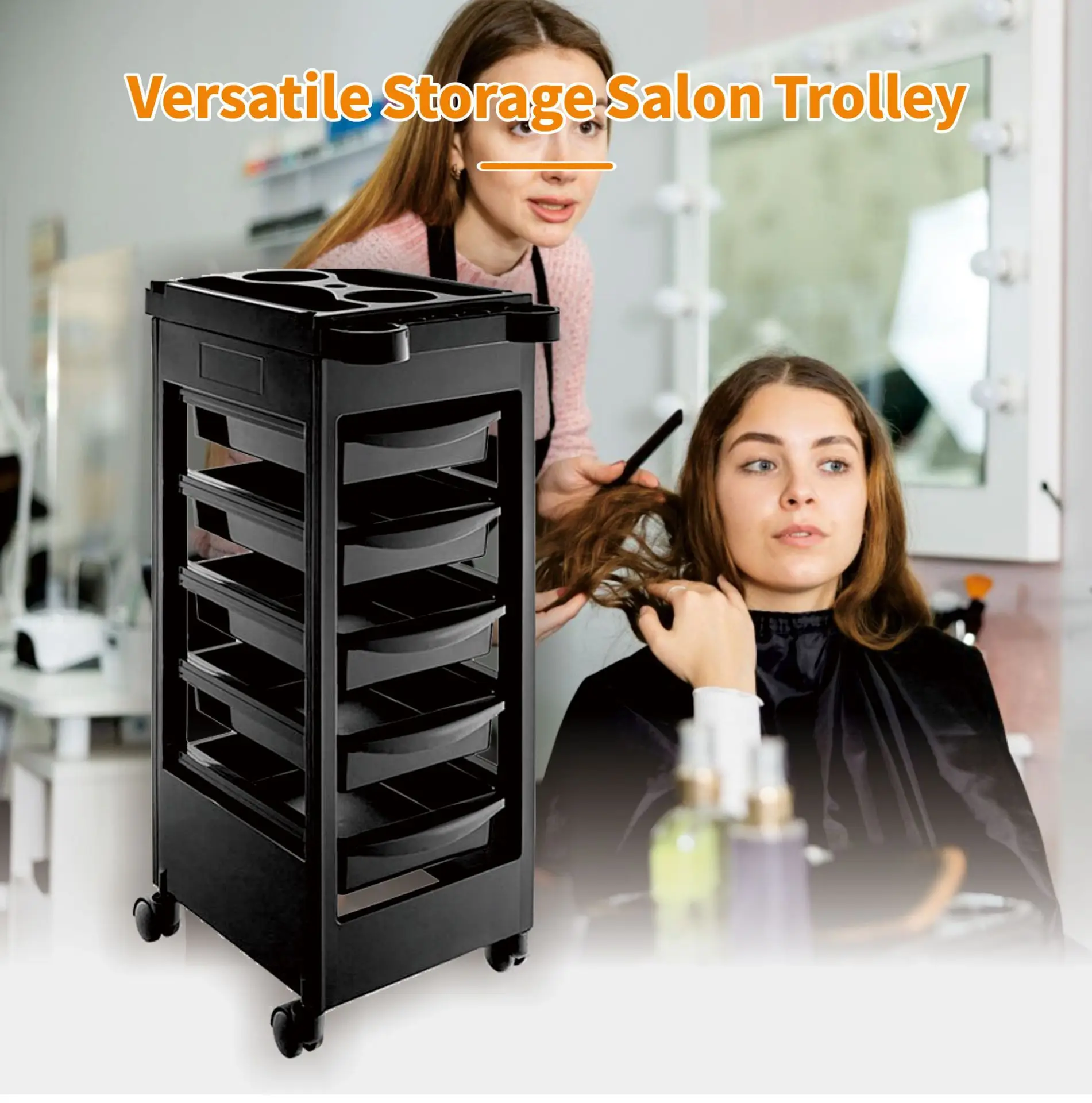 Hairdressing Cart 5-layer With Hair Dyeing Bowl &Windpipe Seat 360-degree Rotatable Storage Mobile PP Material Mobile Cart