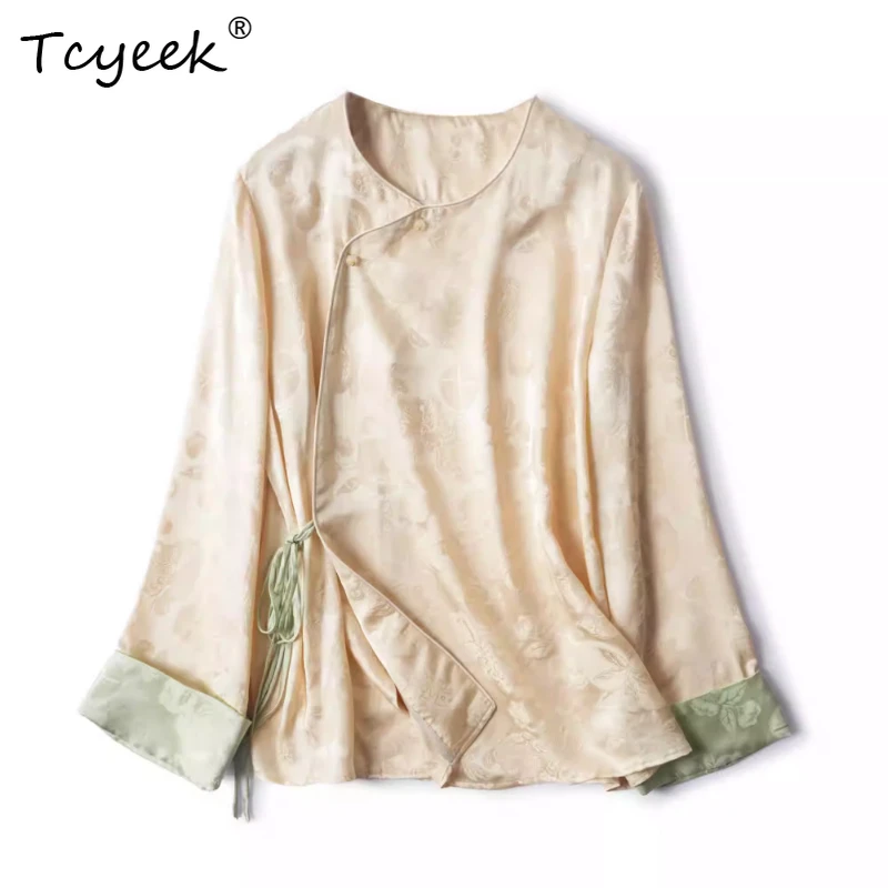 

Tcyeek 100% Real Mulberry Silk Spring Summer New Chinese Style Round Neck Long Sleeved Women's Shirts Женская Одежда חולצותנשים