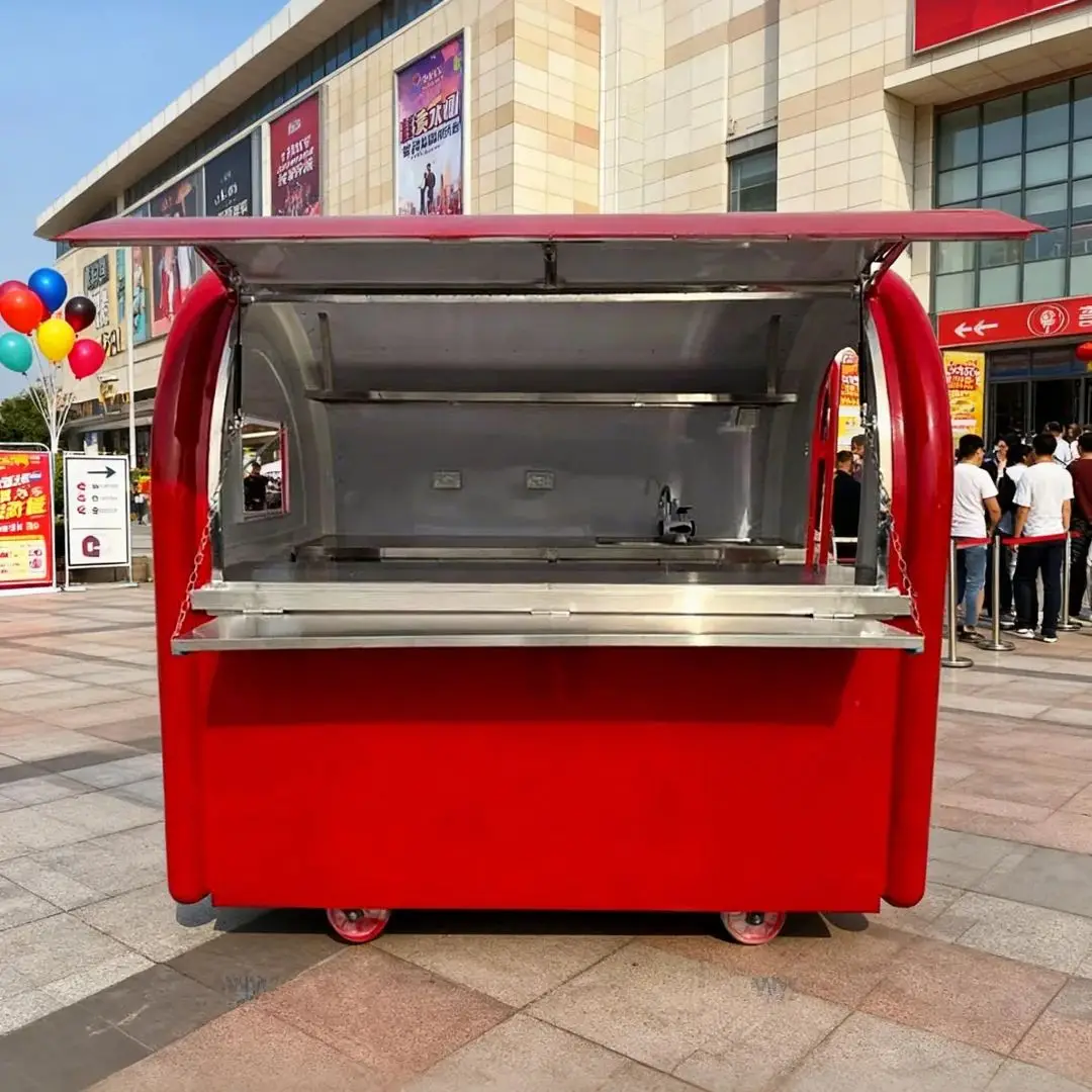 Red Towable Outdoor Food Stall Trailer with round Caster Wheel Mobile Cart for Business Use