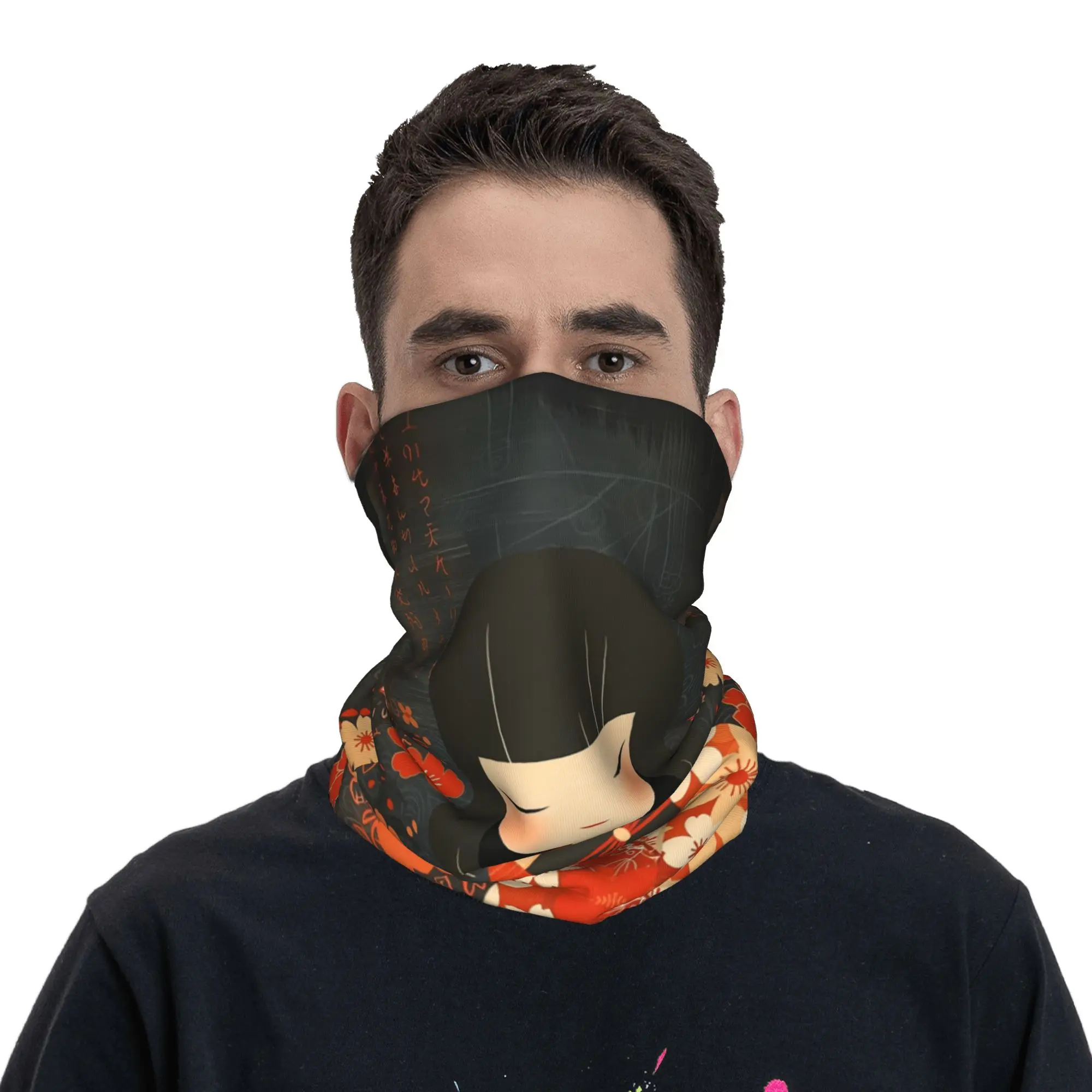 

Sakura Japanese Girl Kokeshi Doll Neck Gaiter Women Men UV Face Shield Winter Bandana Scarf for Ski
