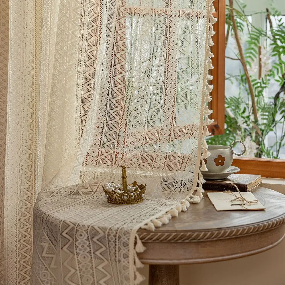 Retro 140m Lace Window Screening Boho Style Hollow Lace Tassels Curtain Blackout Curtains Home Decor