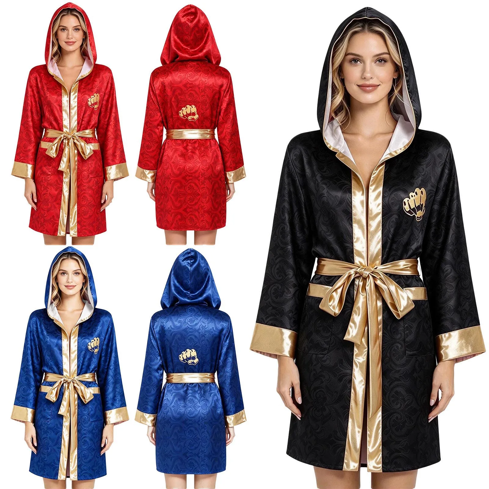 Women Men Hooded Boxing Robe Long Sleeve Open Front Print Pugilism Cloak with Metallic Belt Halloween Boxer Performance Costume