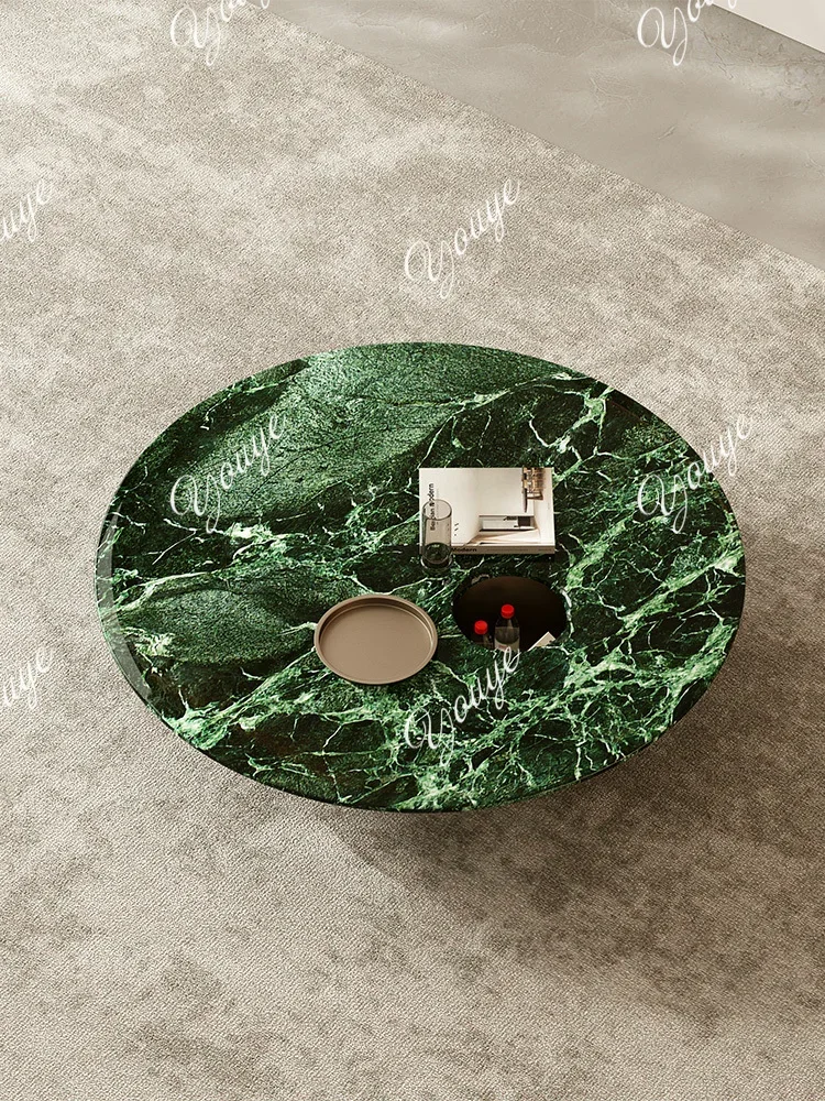 N63 Pure natural luxury stone large flower green coffee table  modern simple light luxury rotary storage marble round coffee tab