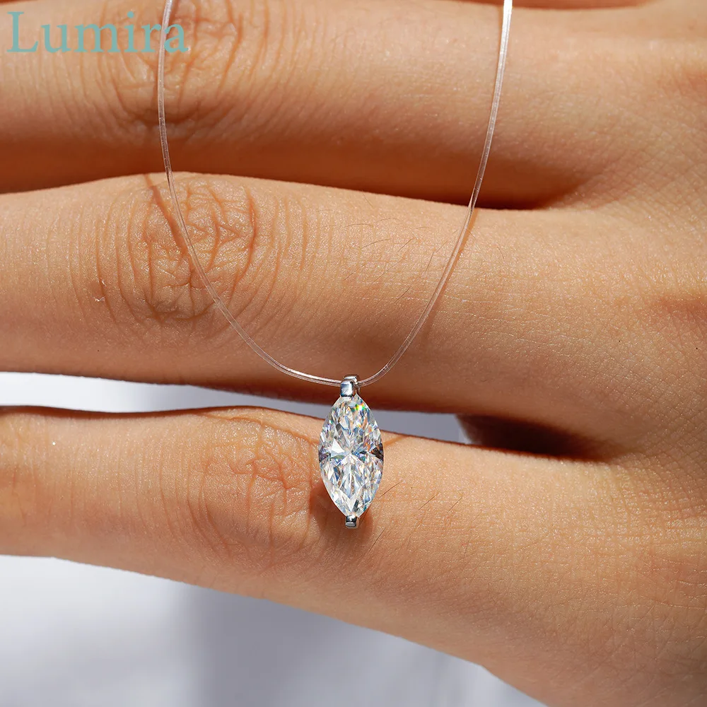 Lumira 1-Carat Moissanite Fish Tear Pendant Platinum PT950 Necklace for Women Invisible Fishwire Teardrop Collarbone Chain