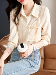 Fashion Lapel Spliced Fake Two Pieces Shirt Women's Clothing 2024 Autumn New Casual Tops Design Sense Niche Blouses