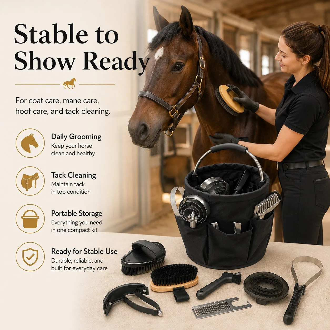 12Pcs Horse Grooming Kit with Foldable Bucket, Equestrian Tack Cleaning Tools for Saddle Bridle Care