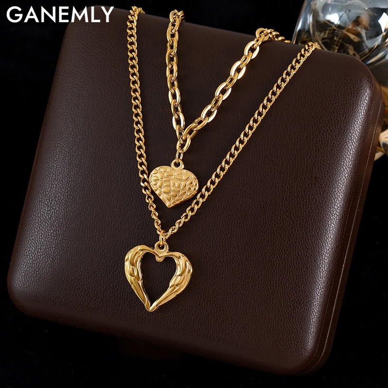 GANEMLY 316L 스테인레스 스틸 골드 컬러 더블 하트 펜던트 목걸이, 여성용 패션 다층 넥 체인 쥬얼리, 파티 선물