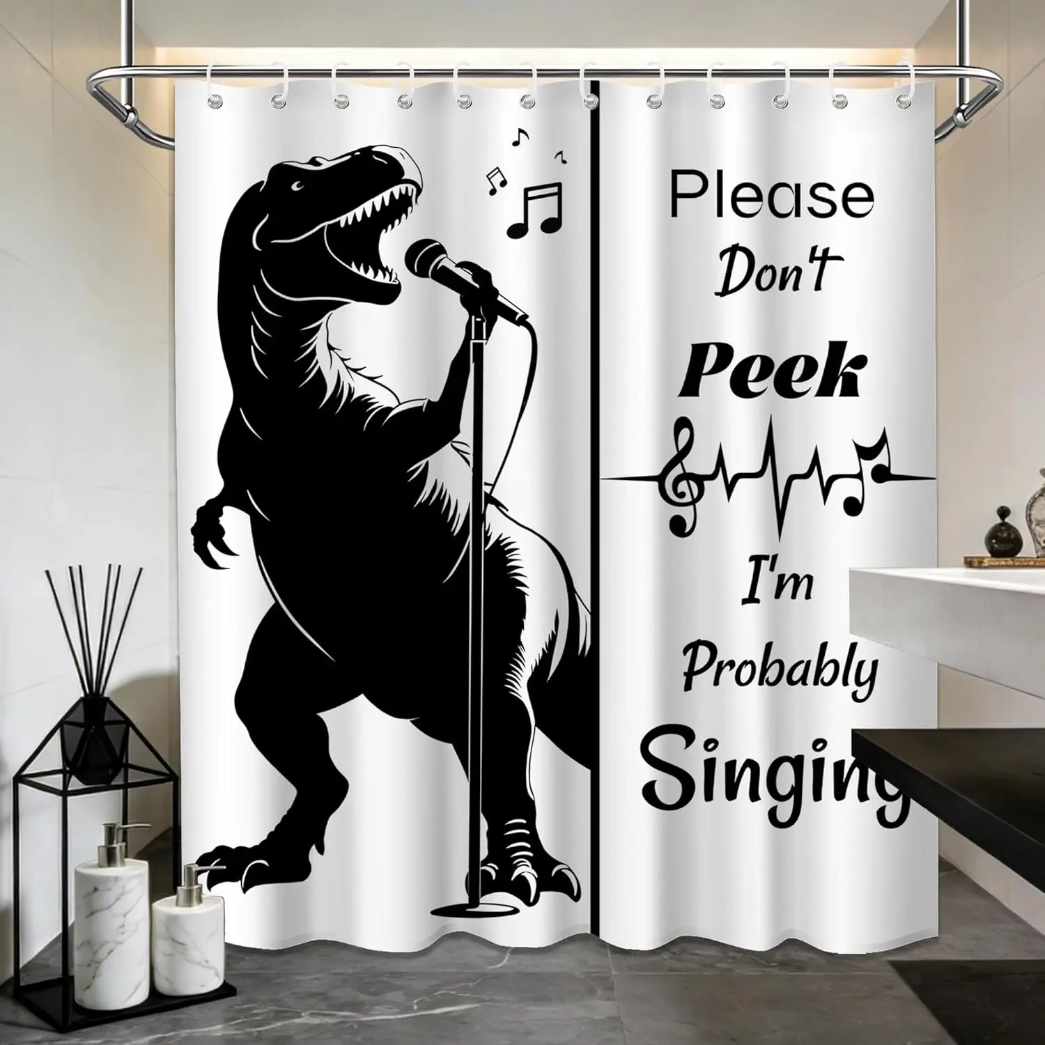 

Funny Dinosaur Shower Curtain Fun Black White Dino Shower Curtains Kids Bathroom Decor Set, Waterproof Cloth Fabric with Hooks