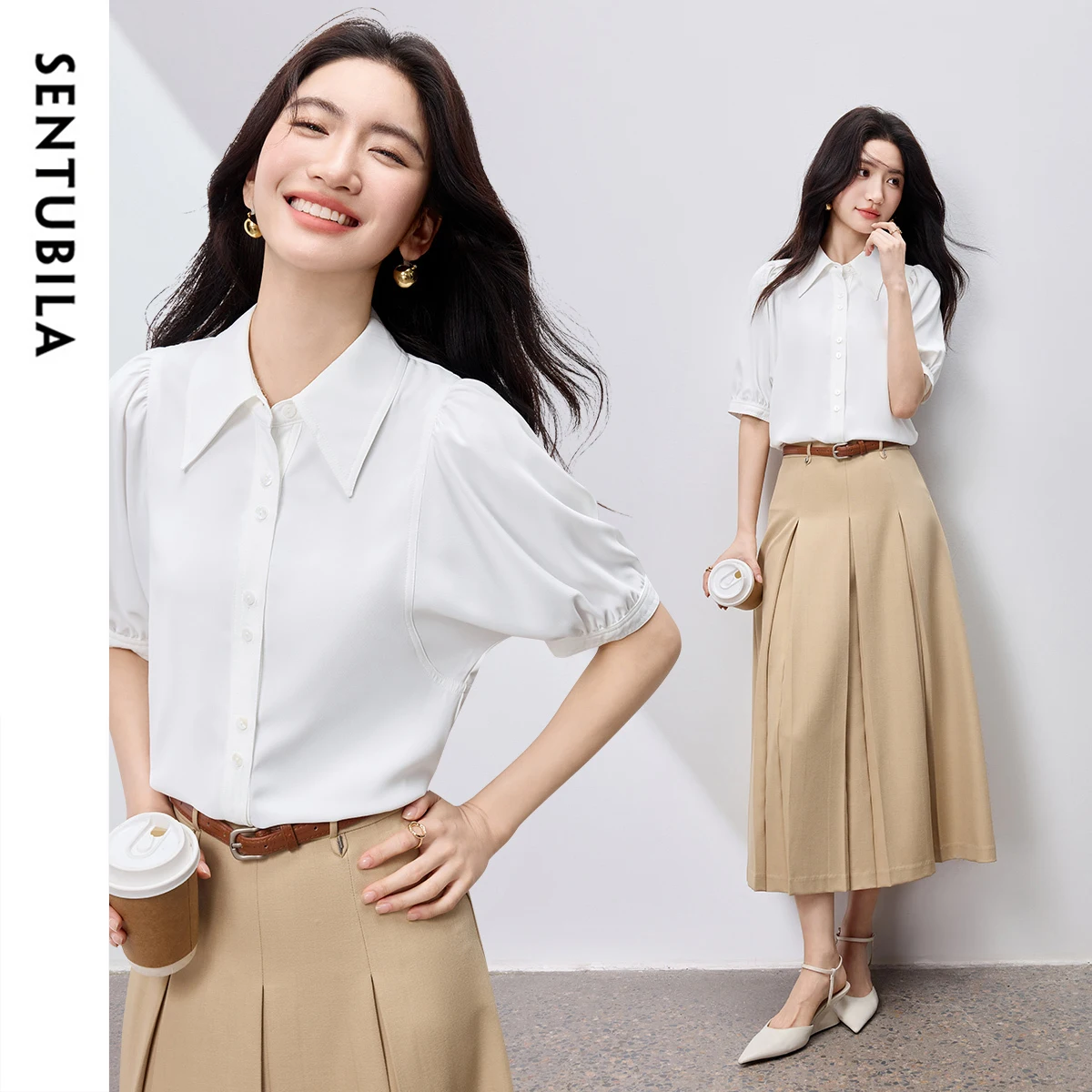

SENTUBILA Batwing Sleeve Women's Casual Shirts 2025 Summer Formal Turn Down Collar Single Breasted Cozy Ladies Blouses 152C59374