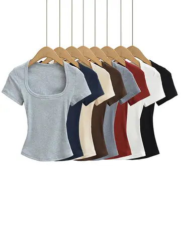 Kare Yaka Yüksek Streç Yaz Kırpma Üstleri Kadın Kısa Kollu Üstleri Seksi Kazak Dip Bluzlar Ince T-shirt