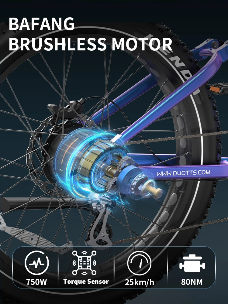 Bicicleta eléctrica todoterreno DUOTTS E26 con motor sin escobillas de 750W, batería de litio de 48V 20AH, ruedas anchas de 26 pulgadas, versión premium E-BIKE.