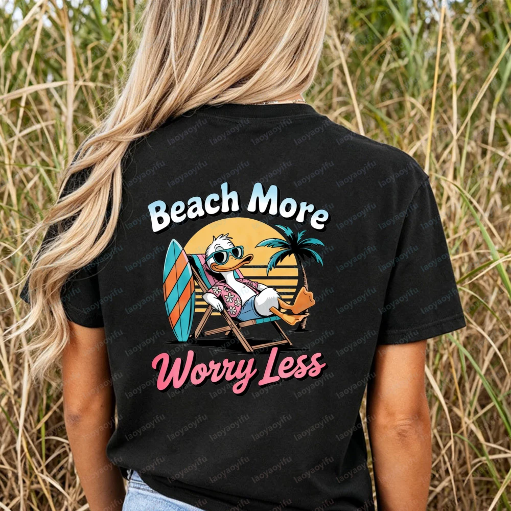 Beach More Worry Less Duck T-Shirt Women Retro Cartoon Graphic Tees Summer Casual Short Sleeve Cotton Tops Vacation Beach Shirts