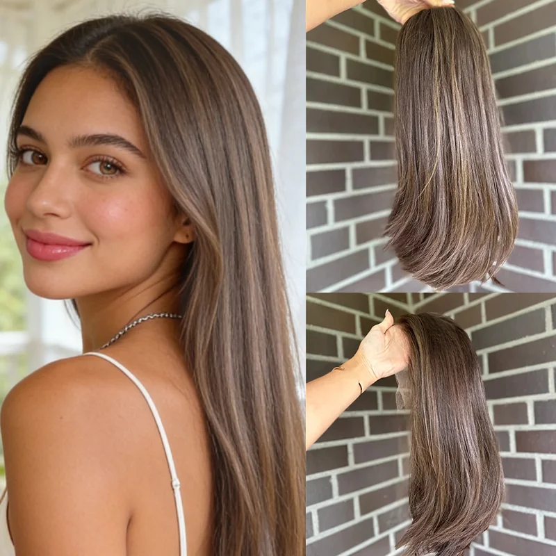 

Luxury Brown Wigs Straight Lace Front Wig Honey Ash Blonde Balayage Wig Heat Resistant Synthetic Fiber for Women Daily Party Use