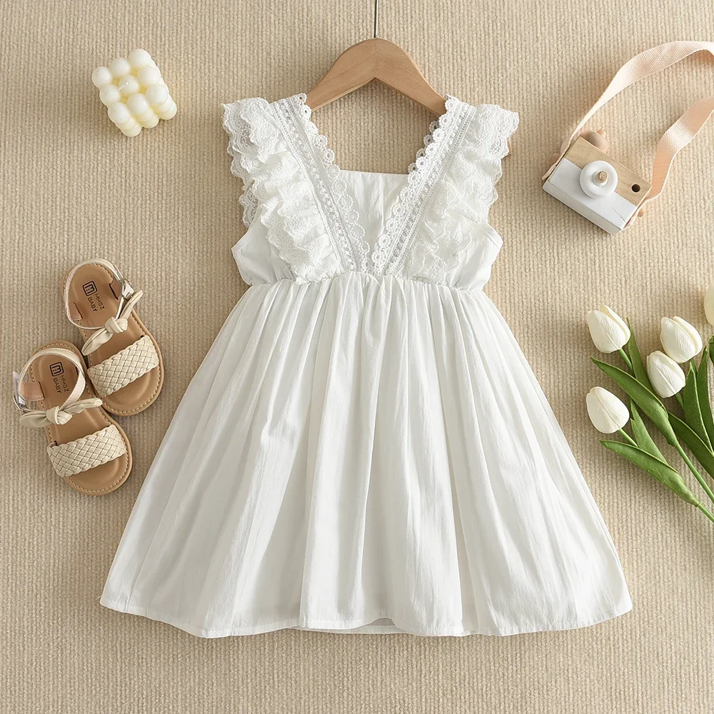 White  Korean Version Summer New Lace Dreamy Girl Princess Dress V-neck Sleeveless Children's Casual Clothes  2-7 Year Old