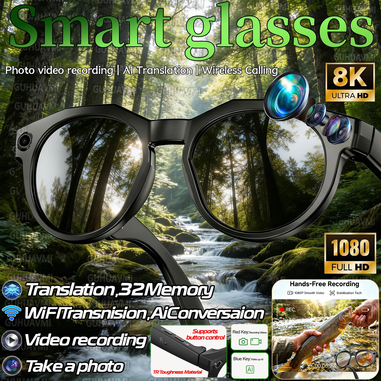 

New Sunglasses AI Shooting Glasses 8K Ultra HD 800W Pixels Camera HD BT Call Voice Assistant Translation Smart Glasses Men Women