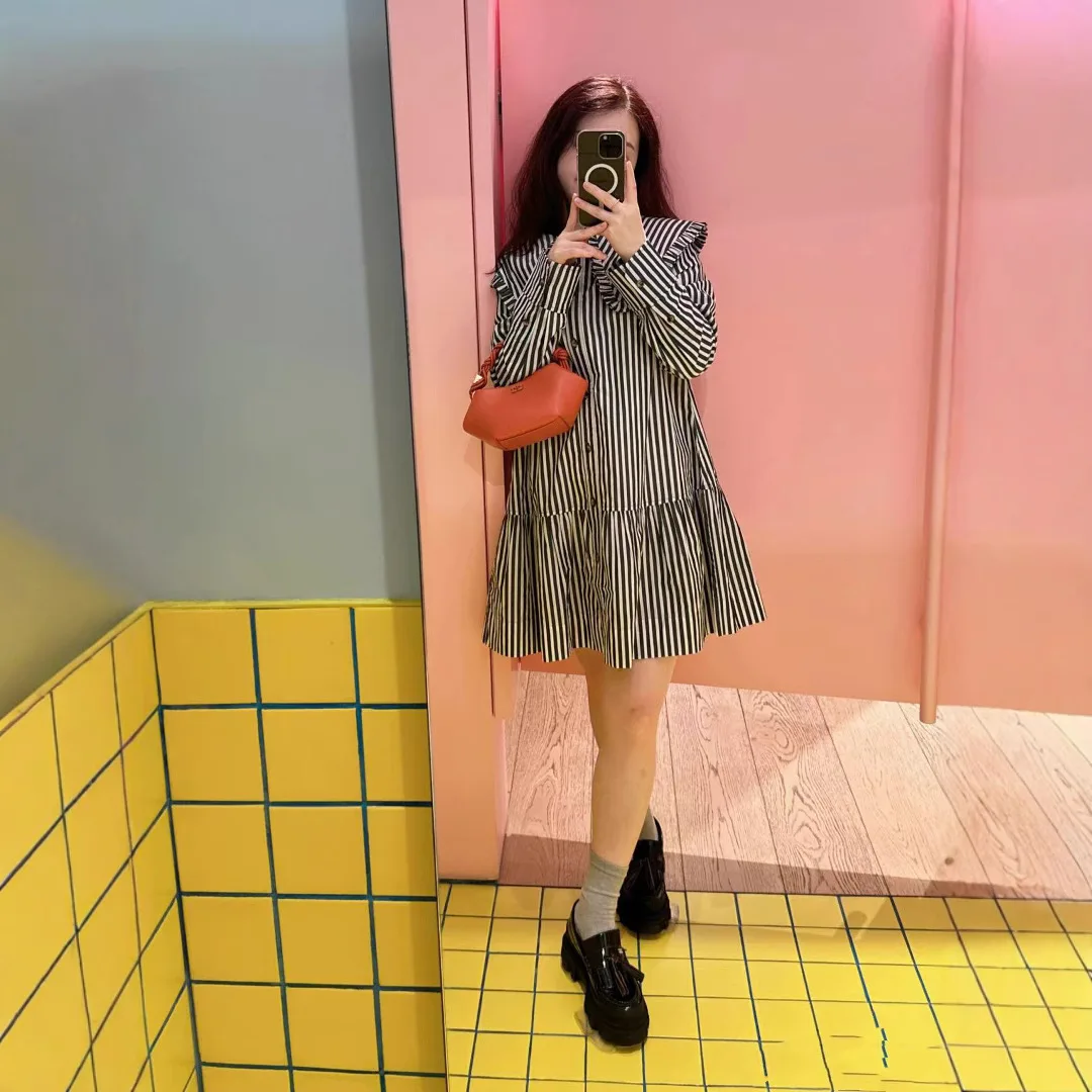 

Новинка! Женское платье Nordic Sle с цветным тканым узором, черно-белыми полосками, воротником-стойкой и юбкой с воланами, длинный рукав, осень-зима