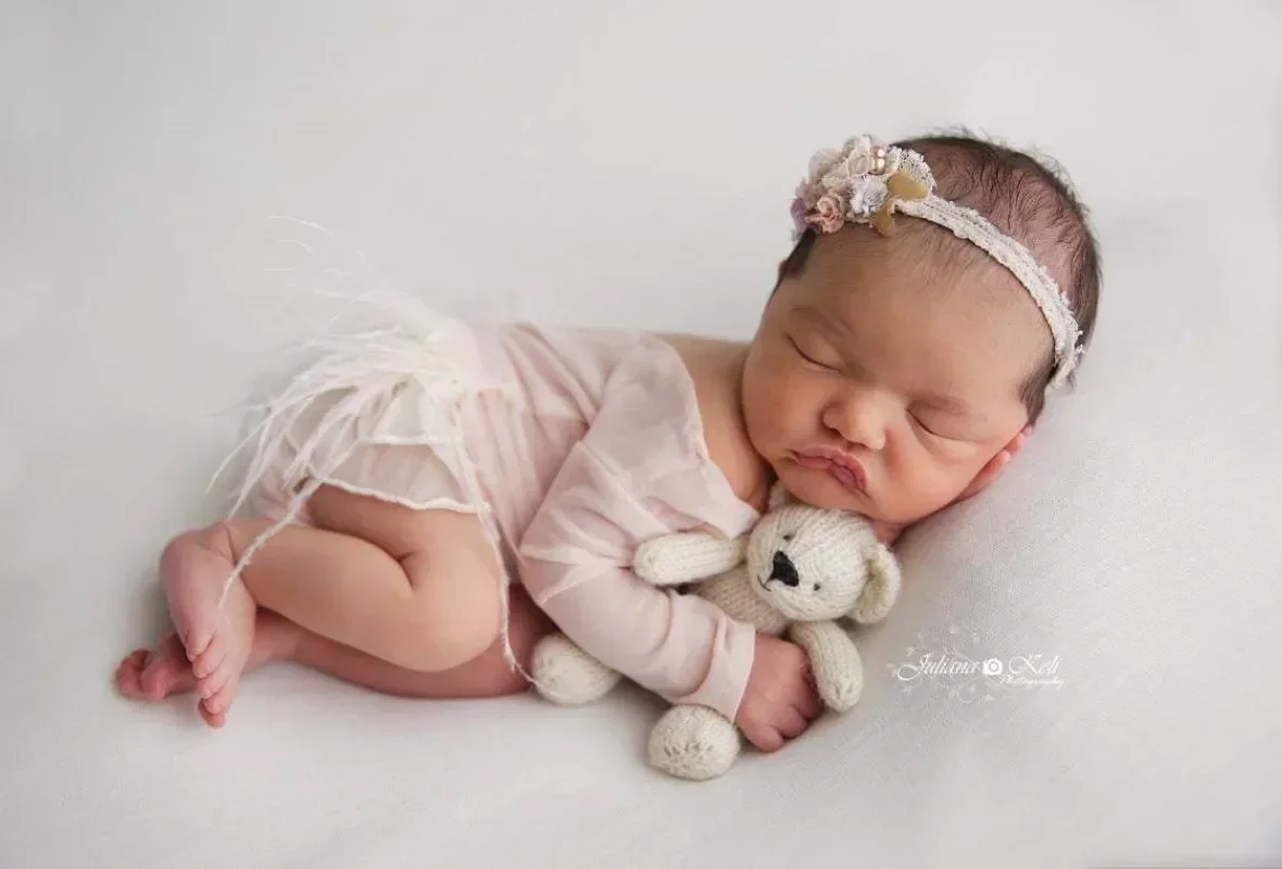 Newborn Photography Clothing Baby Full Moon Jumpsuit Open V Three-layer Gauze Skirt Headband Photo Studio Props Set