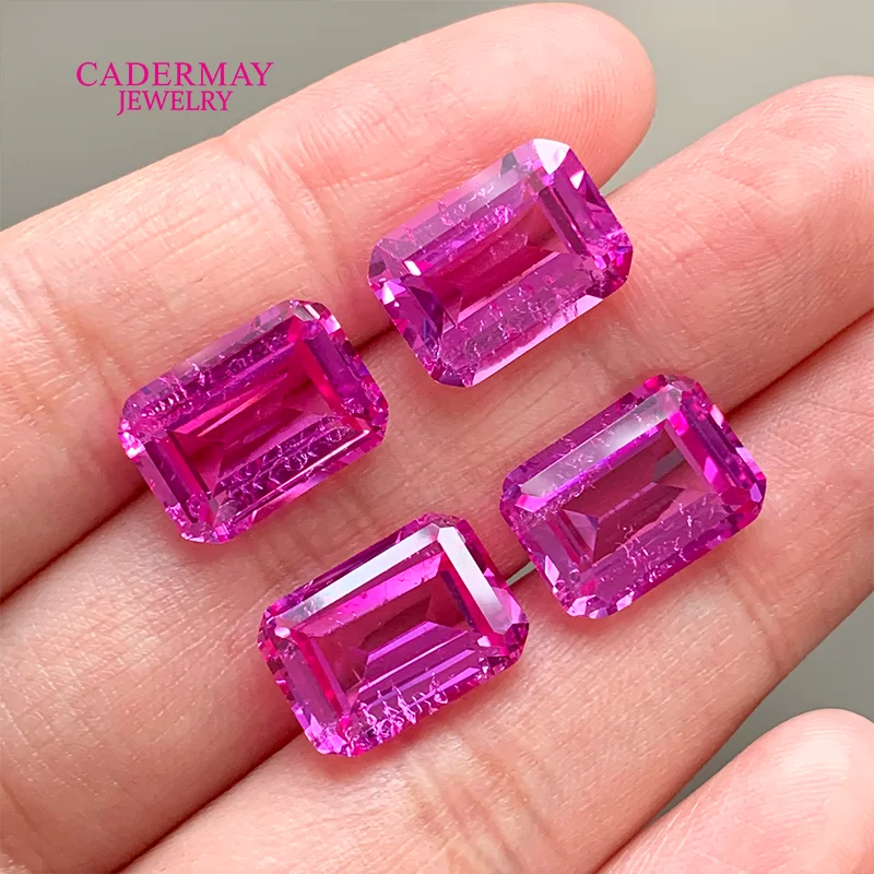 Rectangle Emerald Cut Pink Lab Grown Sapphire With Inclusions Gemstone Beads for Charms Diy Jewelry Making Materials Selectable