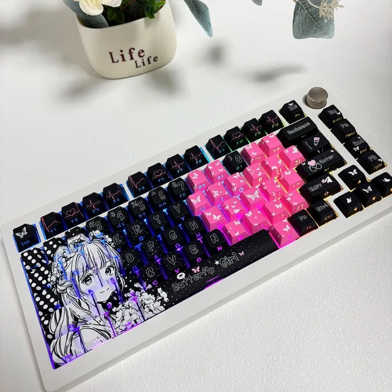 Original Anime Heart Butterfly Girl Side Print Shine Through PBT Keycaps Magnetic Switch Custom KeyCaps for Wooting MCHOSE Ace68