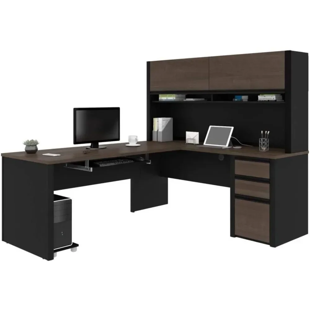 

Connexion 72W L-Shaped Desk with Hutch and Pedestal in Antigua & Black