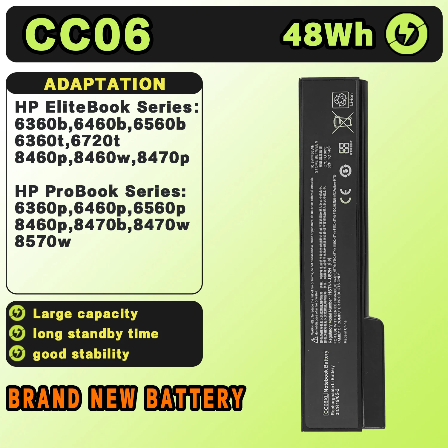SAT CC06 New Laptop Batteries Replacement For HP ProBook 6360b 6460b 6465b 6470b EliteBook8460p 8460w 8470p 10.8V-48Wh-4400mAh