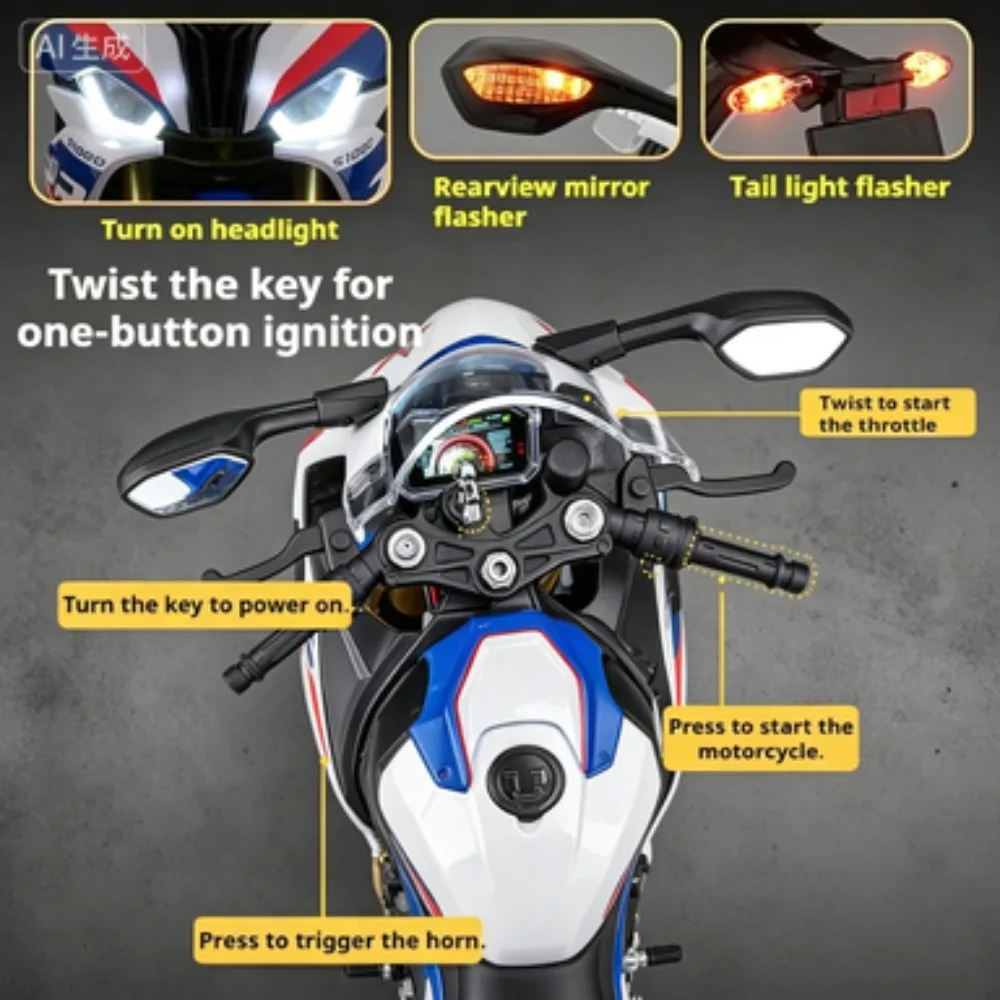 

Высокодетализированная модель мотоцикла BMW S1000RR в масштабе 1:6 с функцией запуска и распыления, креативный подарок на День защиты детей для мальчиков и украшение интерьера