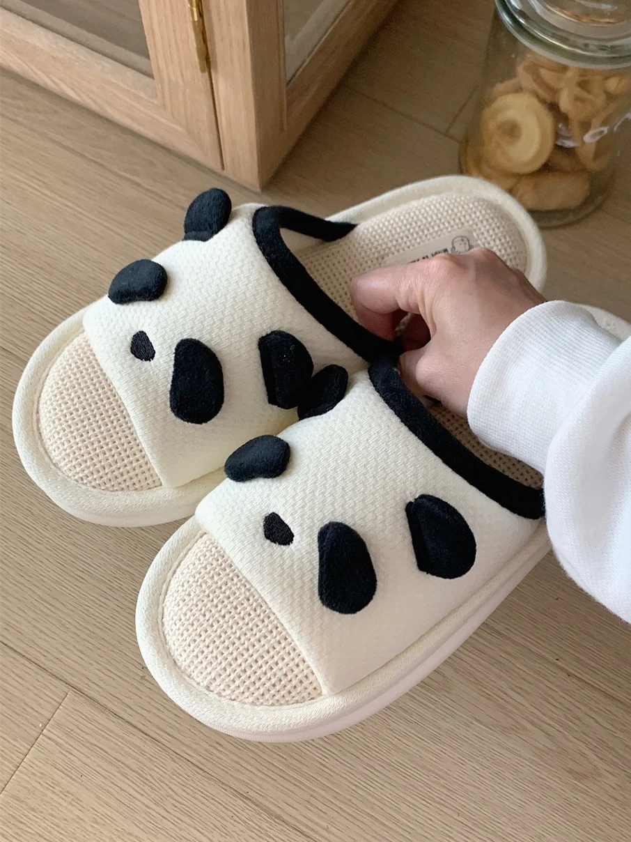 Four Seasons Linen Slipper Cute Panda Bedroom Home Anti Slip Sweat-absorbing Linen Slippers For Women Panda Floor Slipper