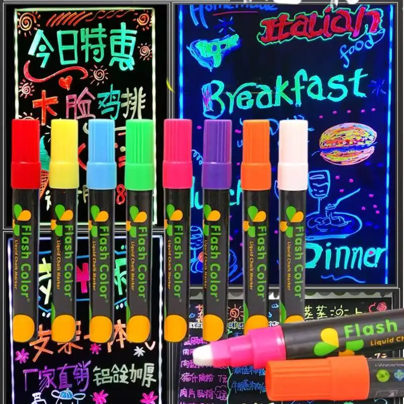 

8pcs Fluorescent Chalk Marker Pens, Wet Erase for Glass, Blackboards & Non-Porous Surfaces, Washable - Ideal for Students