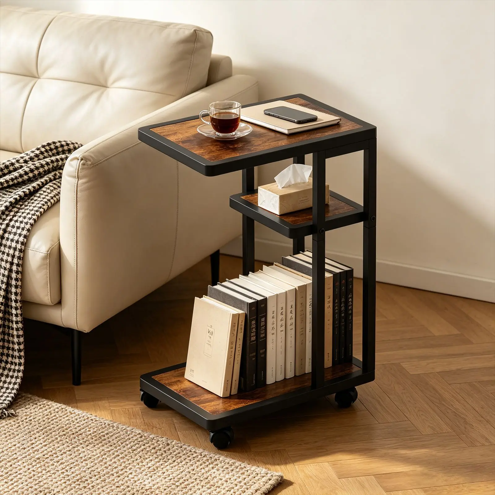 Cross-border Amazon temu removable sofa side C-shaped small coffee table, household bedside rack, with wheels