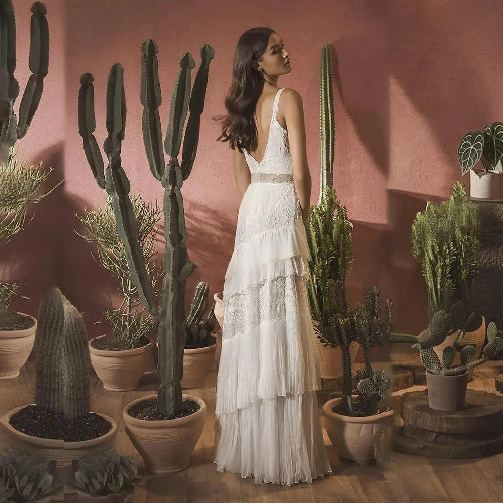 Aangepaste Sexy V-hals Spaghettibandjes Trouwjurk Voor Vrouwen Backless Kant Bruidsjurk Tiered Een Lijn vestidos de novia gewaad